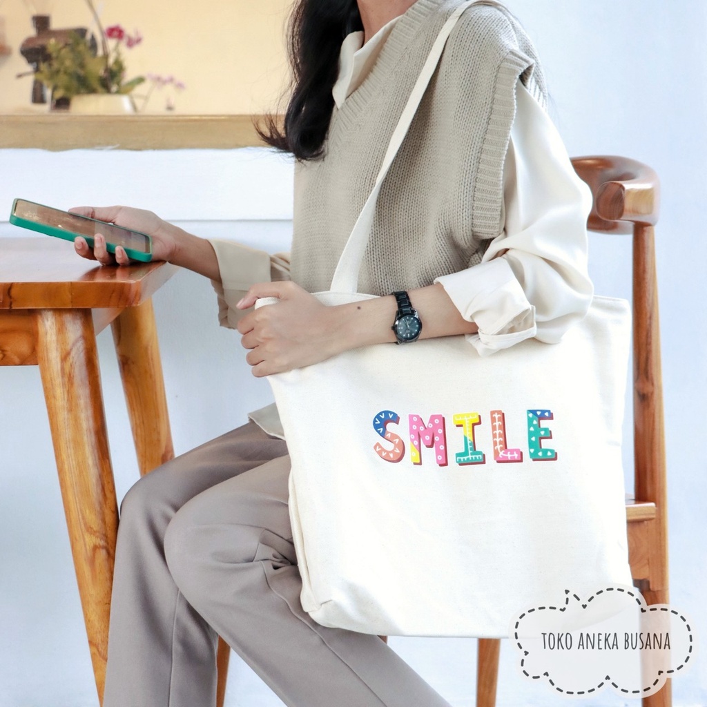 Tote Bag Wanita Kanvas Resleting Aesthetic Bahan Premium Totebag