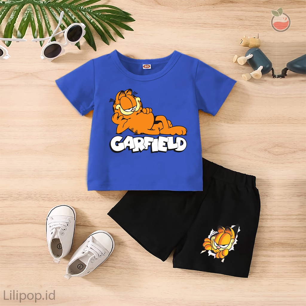 Baju Anak Stelan Kaos 3/4 GARFIELD Cowok Cewek  Usia 1 - 4 Tahun Celana Pendek Harian