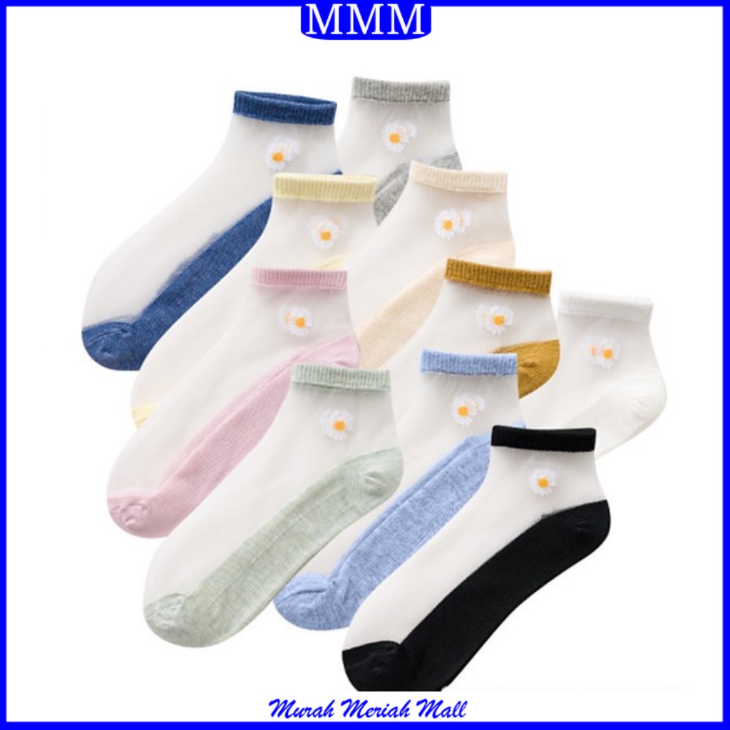 MMM Kaos Kaki Wanita Fashion Transparant Motif Bunga Daisy Kaos Kaki Wanita Motif Bunga Korea impor