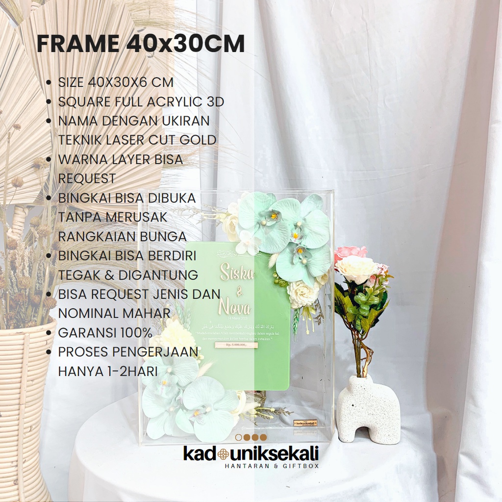 Green Safe Artificial Flowers in Frame 3D - Mahar Pernikahan 30x40cm Full Acrylic