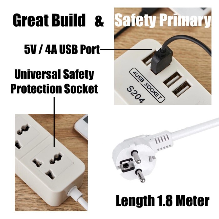 Popular S204 Stop Kontak 3 Power Socket 3 USB Port Power Strip Safety