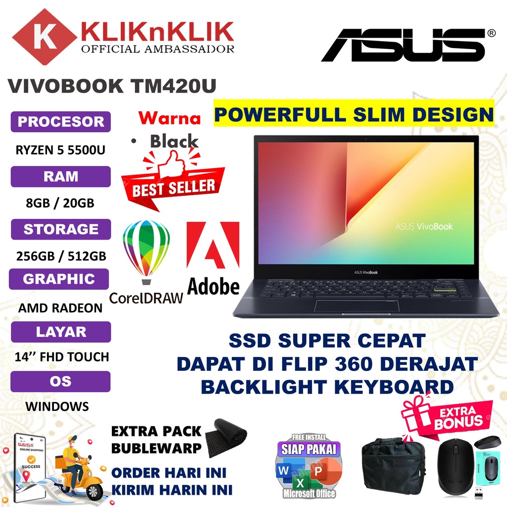 Laptop Desain Asus Vivobook Flip TM420UA AMD Ryzen 5 5500U 20GB 512GB Vega 7 14&quot; FHD Touch Windows 11 Home Black Terlaris