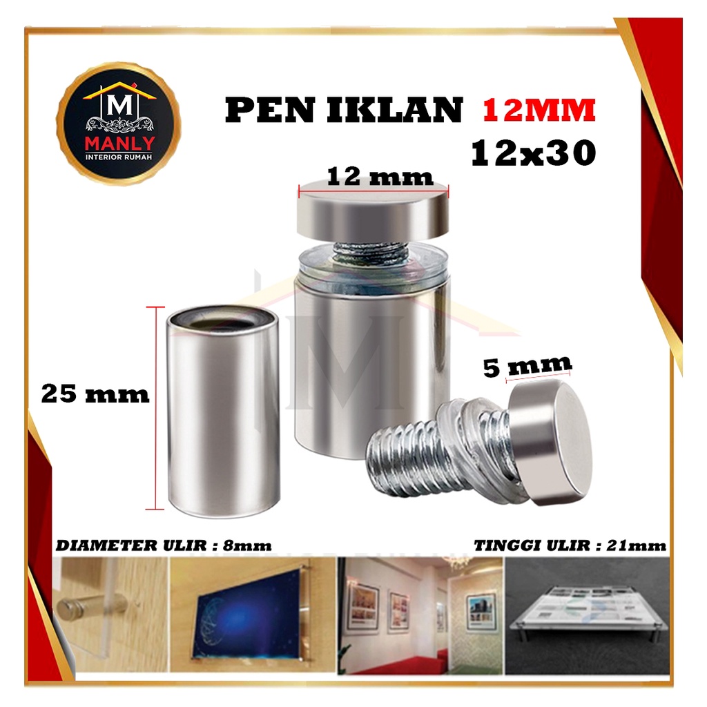 Pen Iklan 12 mm / Pen Baut Iklan Kaca Akrilik Sign Board Stainless Steel Dinding Reklame