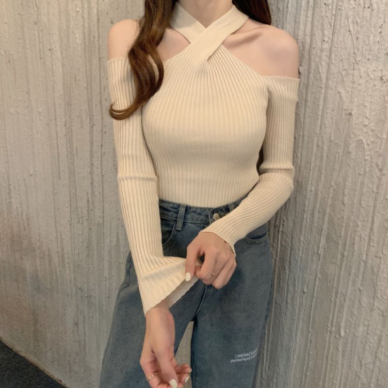 KNIT AVERYL ALAIA TOP KNIT ATASAN RAJUT WANITA Knitwear Fashion Korean Crop Long Sleeve Halterneck Knit Top Atasan Korean Style Wanita