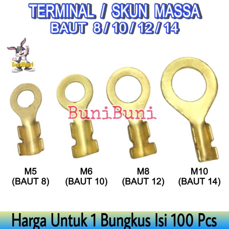 SKUN Terminal Massa BAUT 8 10 12 14 - Diameter Lubang 5mm M5 / 6mm M6 / 8mm M8 / 10mm M10 - ISI 100 Pcs