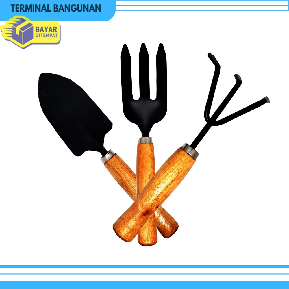 ALAT BERKEBUN SET 3 PCS-GARDEN TOOLS-ALAT KEBUN-ALAT TAMAN-SEKOP-GARPU, GAGANG KAYU