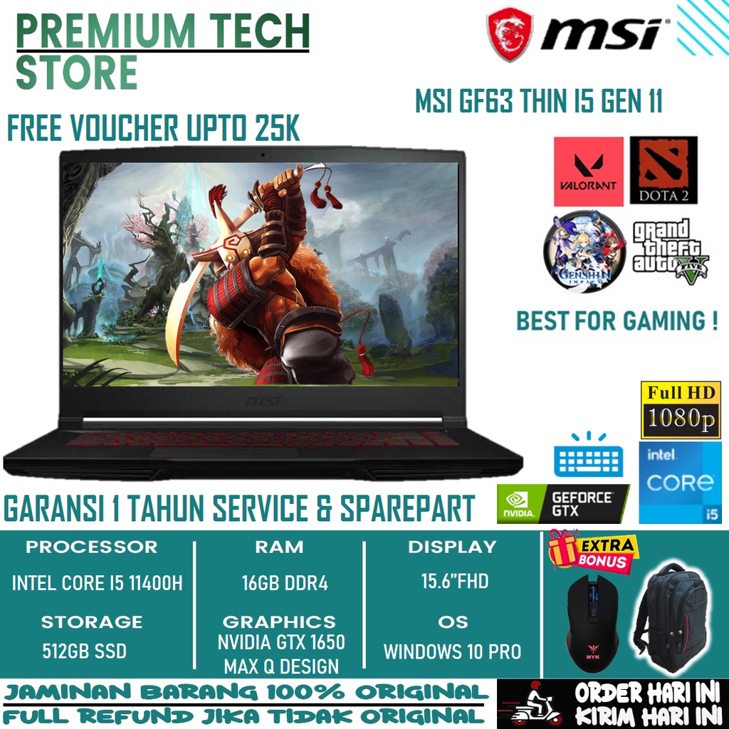 Laptop Gaming MSI GF63 THIN 11Sc Intel Core I5 11400H 16GB 1TB SSD GTX1650 60Hz Windows 11 Termurah