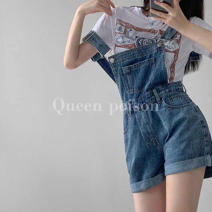 Red Kecil Fashion Pinggang Tinggi Suspender Denim Celana Pendek Musim Panas Longgar Slim Tabung Lurus Kasual Suspender Lebar Kaki Pendek Hot Pants
