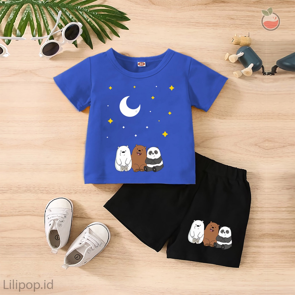 Baju Anak Stelan Kaos 3/4  PANDA Cowok Cewek  Usia 1 - 4 Tahun Celana Pendek Harian