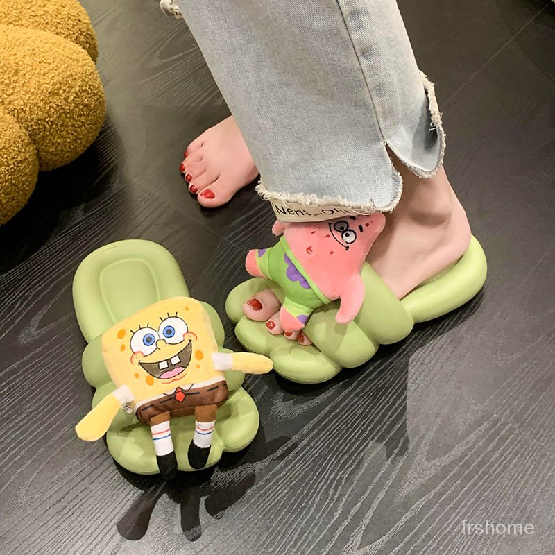 Sandal wanita SpongeBob SquarePants sandal dasar datar yang lucu sandal bawah yang lembut sandal jep