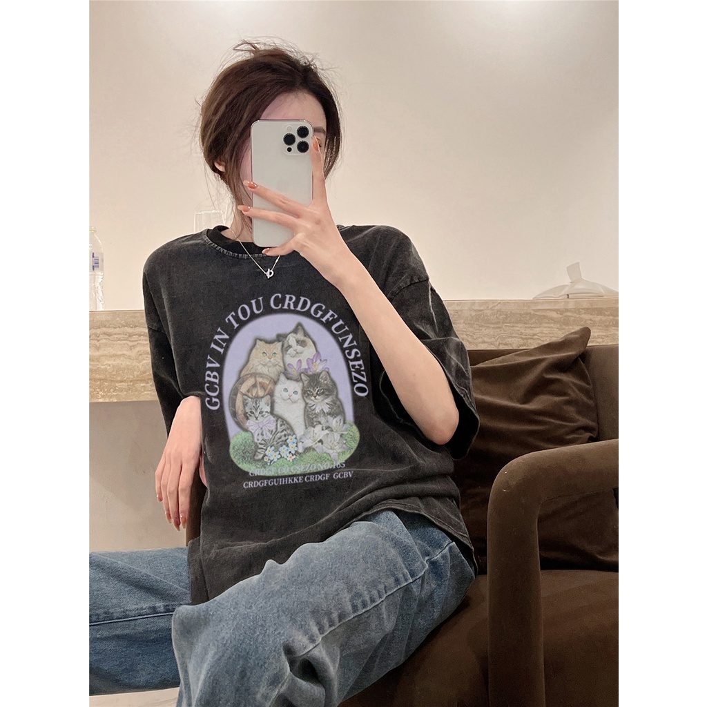 EUNII T-shirt Lengan Pendek Black Washed Retro Cartoon Cats Printing Korean Style/Kaos Atasan Wanita/Baju Wanita