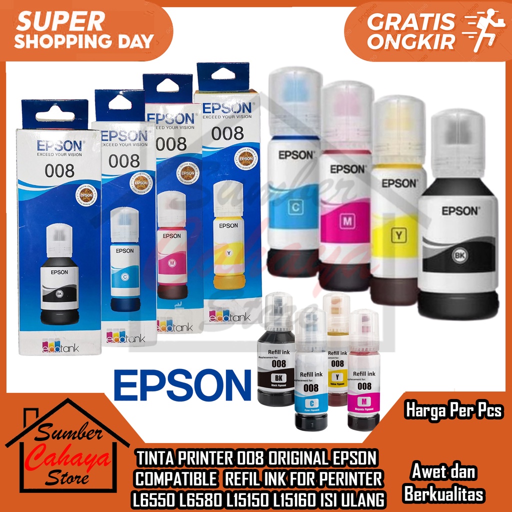 TINTA EPSON 008 ORIGINAL 1 SET FOR L15150 L15160 L6550 L6580 PERINTER REFIL INK FRINTER FERINTER MES