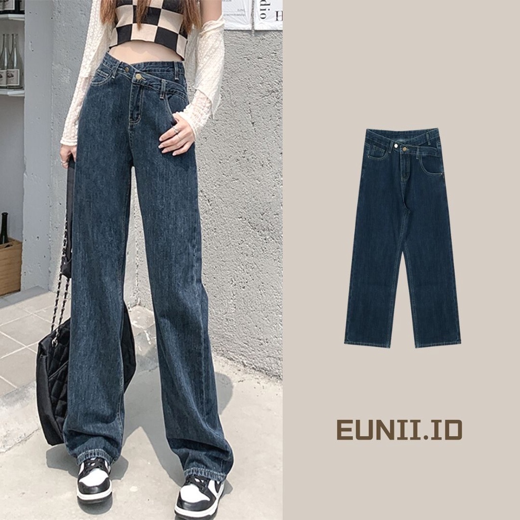 EUNII Celana Jeans Wanita Retro Boyfriend High Waist Korean Style