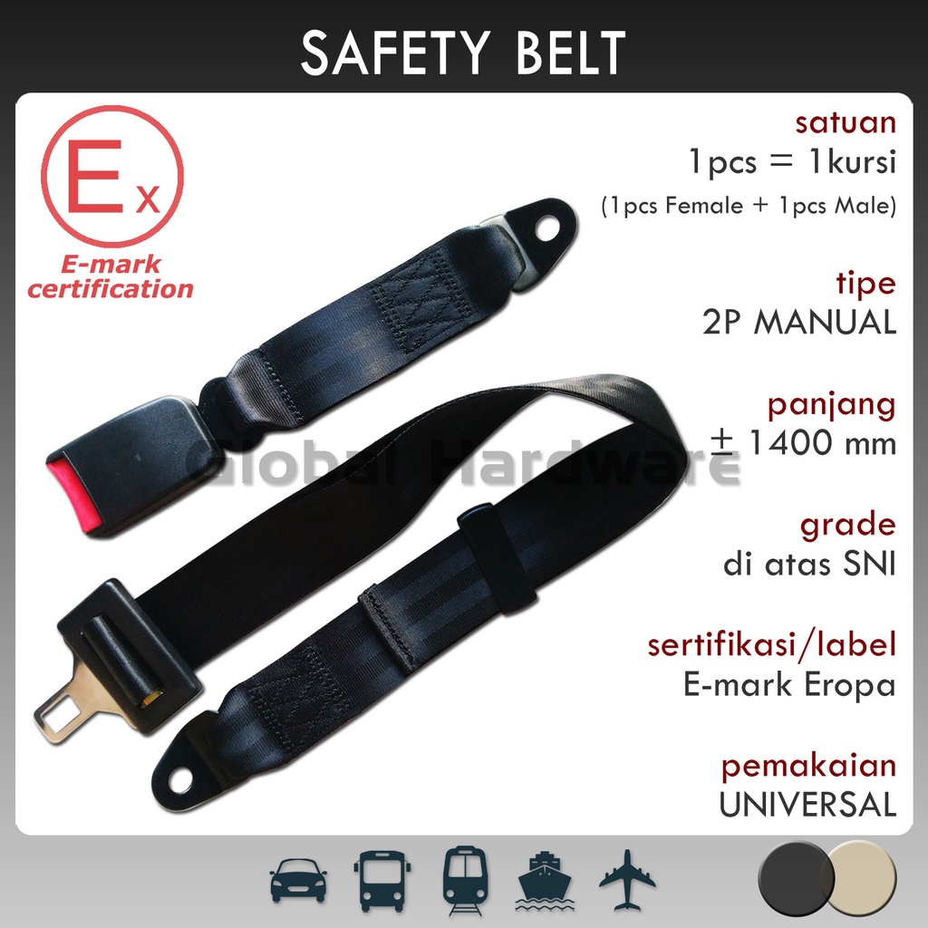 Sabuk Pengaman Safety Seat Belt 2 Titik Manual Mobil Universal Label Logo Sertifikat E4 E8 E-mark St