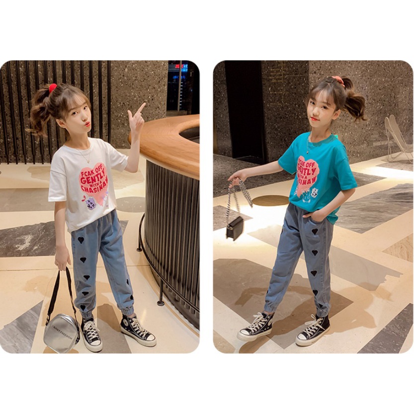 Setelan anak PEREMPUAN CROP SET import GENTLY LOVE + CELANA JEANS TEBAL KEKINIAN setelan anak teenager set anak tanggung