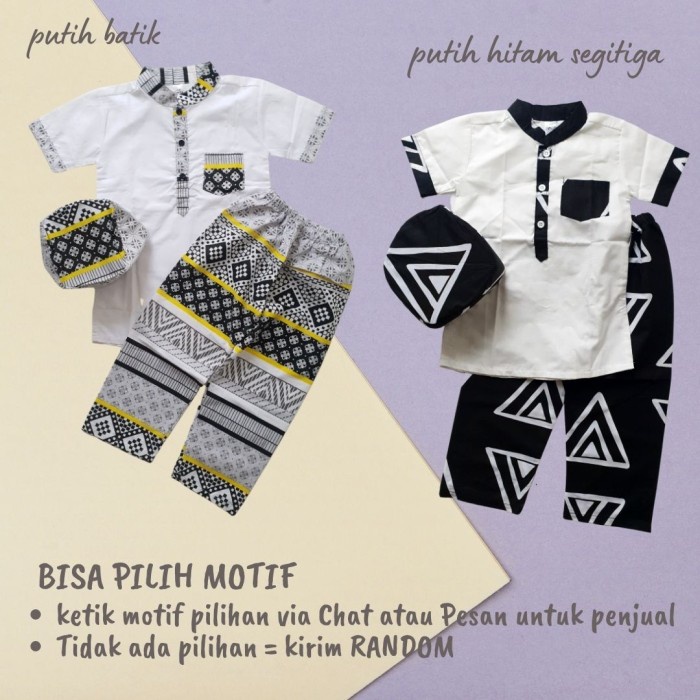 baju anak laki laki  (5-8 tahun) Setelan Baju Muslim Anak Laki Koko Turki Katun Peci - putih hitam, 