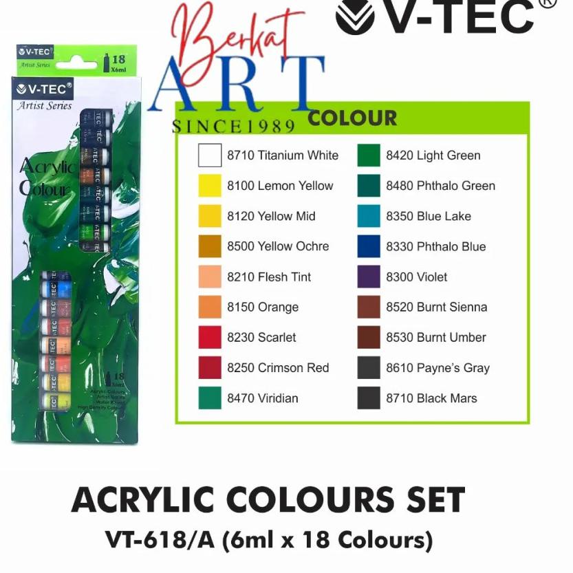 

Pasti Kekinian V-TEC ACRYLIC COLOURS 18 WARNA / CAT AKRILIK V-TEC SET 6ML