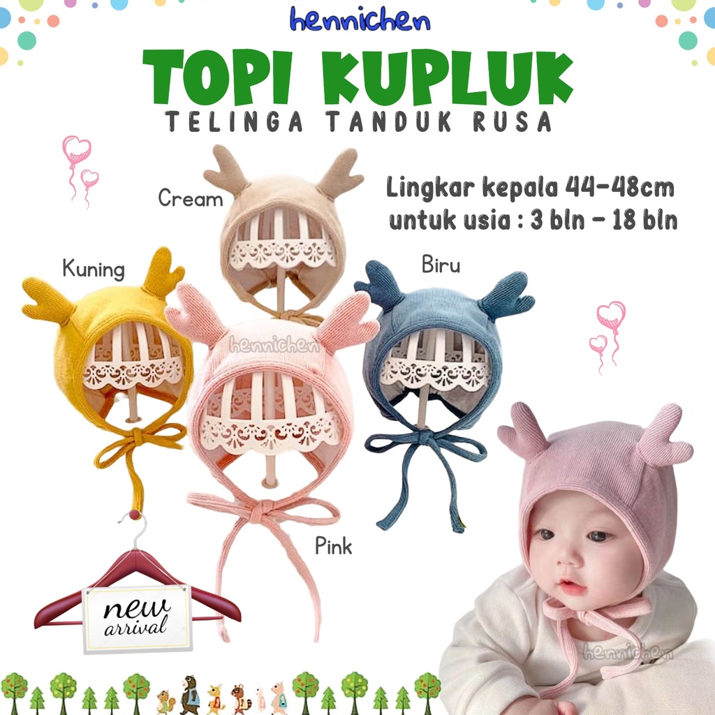 TOPI KUPLUK BAYI BAHAN COTTON KATUN PREMIUM TELINGA TANDUK RUSA FASHION TOPI ANAK CNA