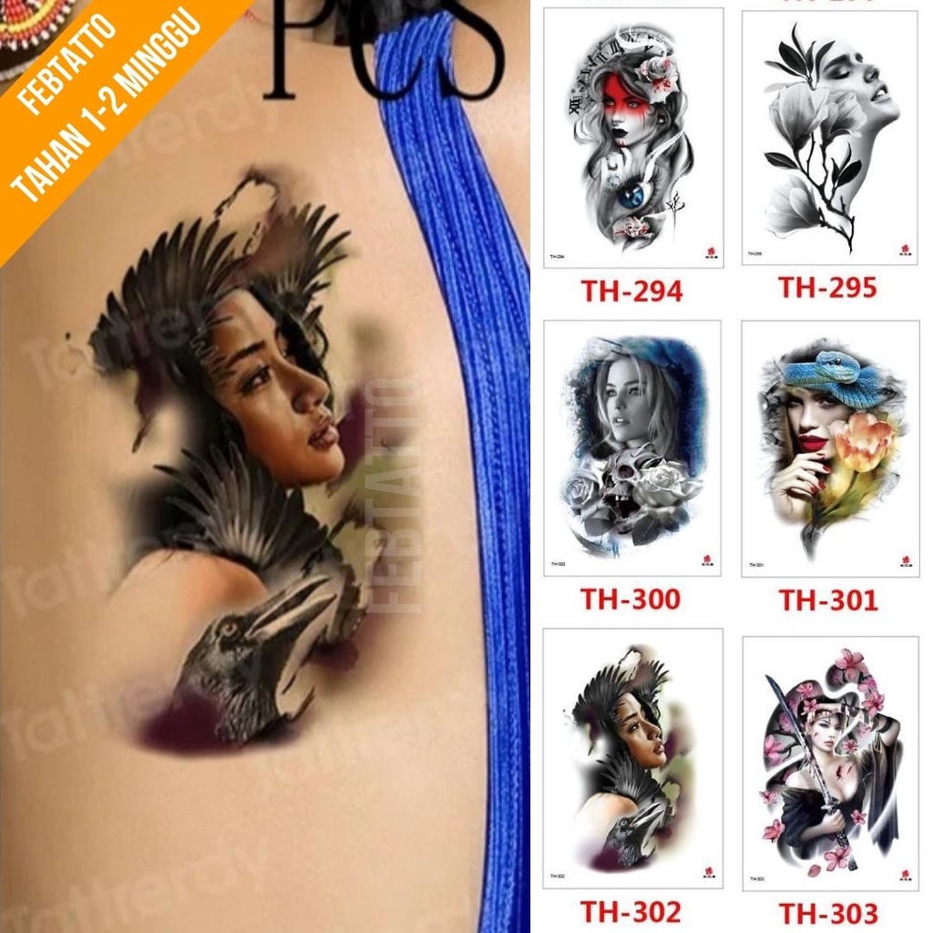 Tato Temporer Ukuran 21cmx15cm Motif Aesthetic Tatto Temporary Stiker Tato Halal Grosir Tato air motif ghesia, bunga, tengkorak, burung, ular TH 302