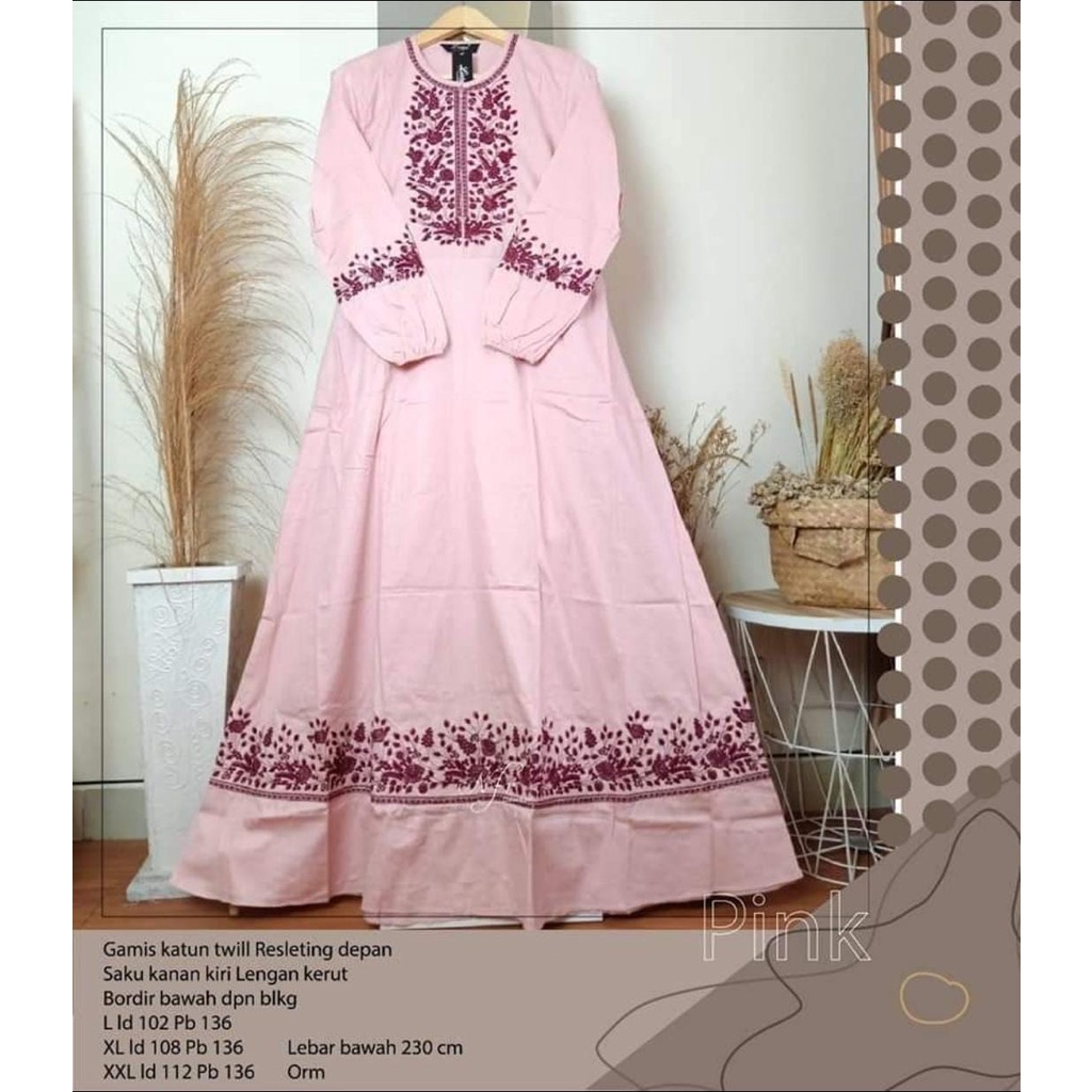 gamis katun twill bordir lidya busui tangan kerut M ld 98 L ld 102 XL ld 108 XXL ld 112