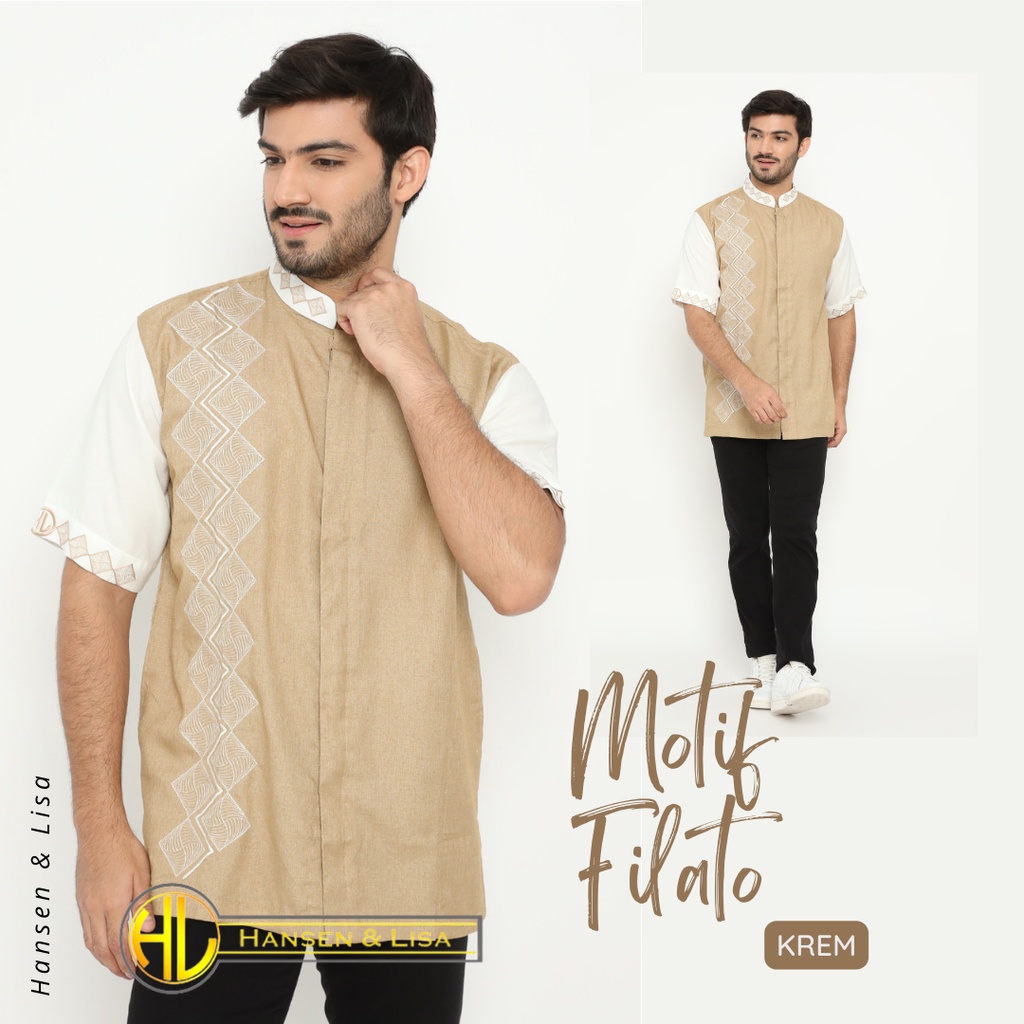 H&L Kemeja Koko Dewasa Pria Lengan Pendek Kemeja Muslim Katun Motif Bordir Putih Filato