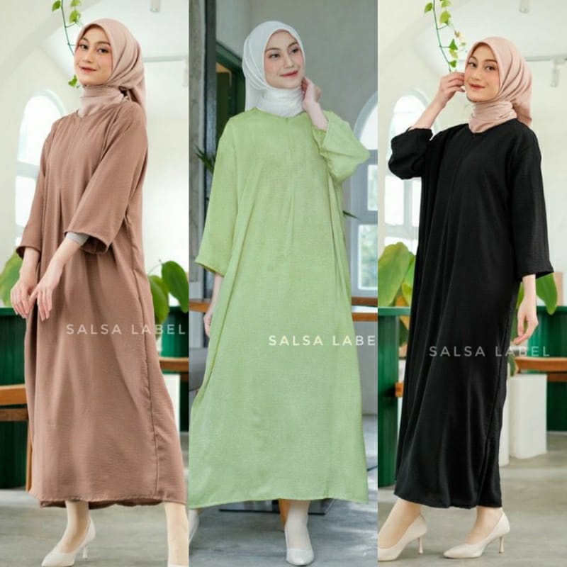 Nora Long Dress  Lengan 7/8 Crinkle Airflow Gamis Polos Terbaru Midi Dress Kekinian