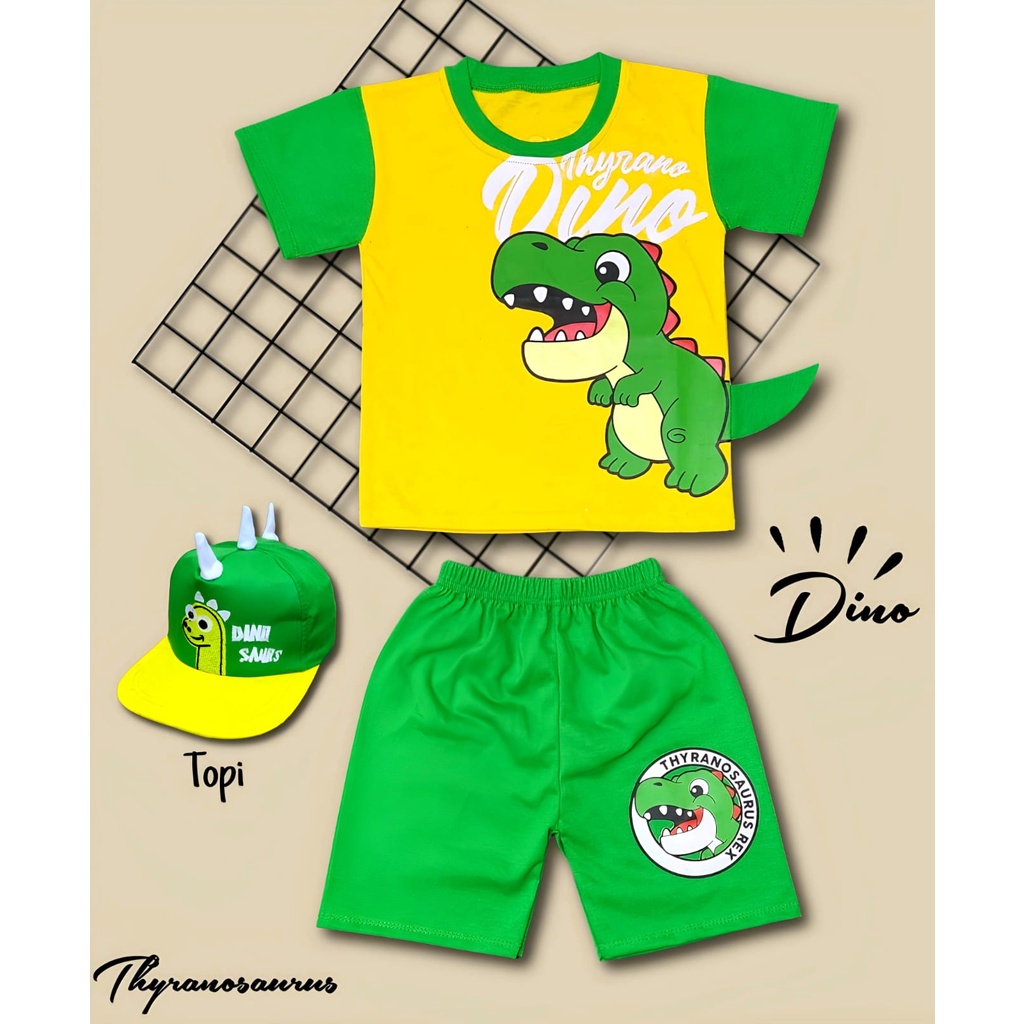 SETELAN BAJU ANAK DINOSAURUS GREEN FAT DINO FUNNY UNTUK ANAK 2-10 TAHUN BISA COD