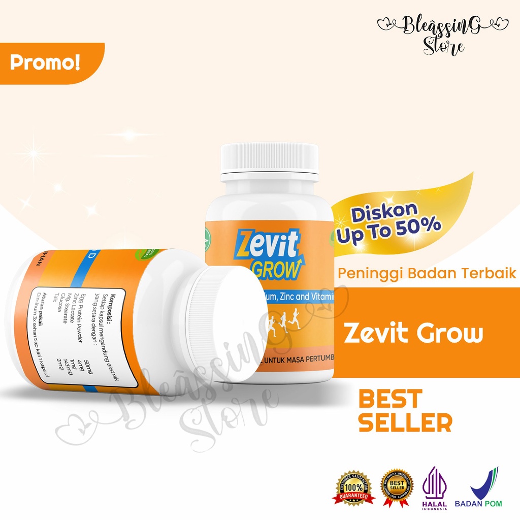 Zevit Grow Peninggi Badan Ampuh BPOM - Suplemen Kalsium Tulang Herbal Cepat Tinggi Original