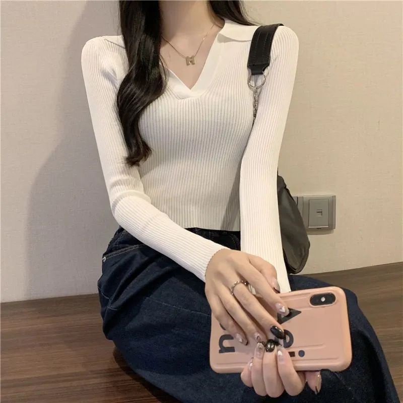 Poloshirt Knitwear D-99 Top Fashion Korean Crop Long Sleeve Polo Knit Top/Atasan Rajut Wanita Atasan Rajut Import Wanita/ Atasan Crop Baju Polo Korean Style Wanita