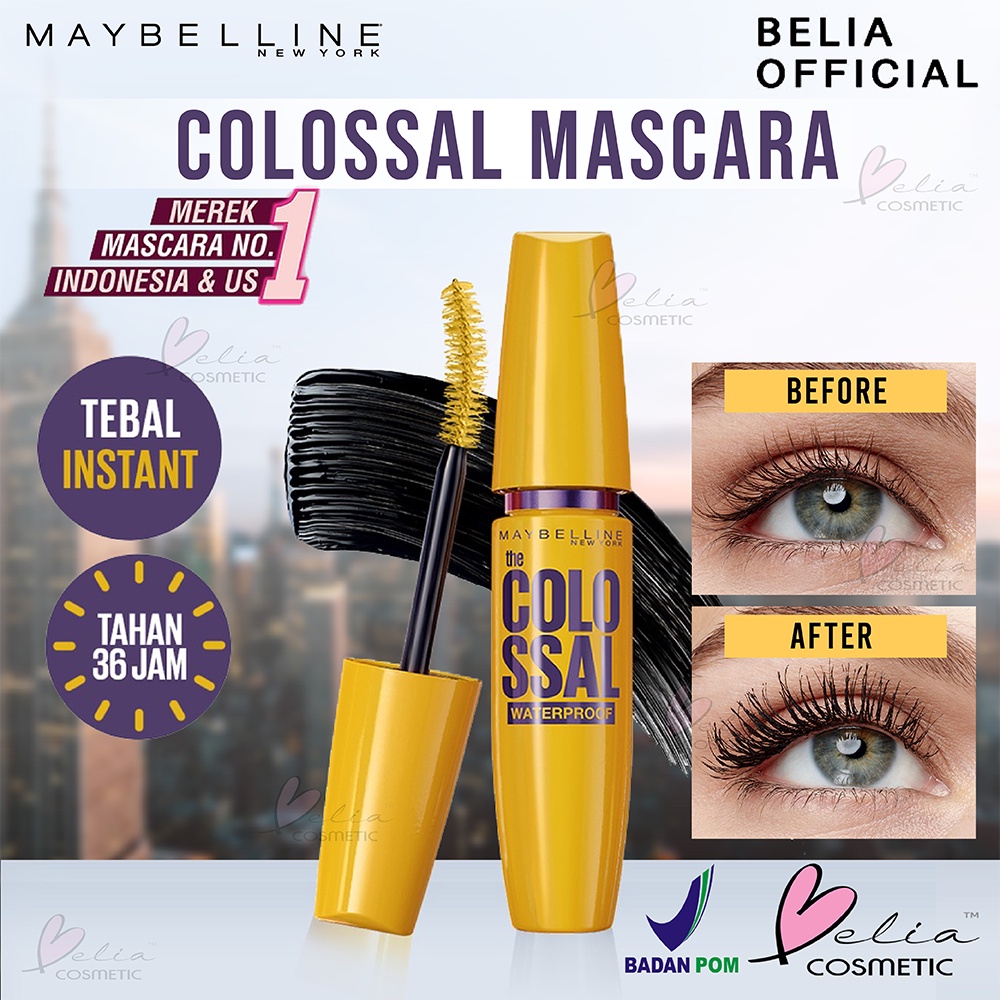 ❤ BELIA ❤ Maybelline Volum Express The Colossal Waterproof Mascara Make up - Black (Dengan Kolagen Formula) | BPOM