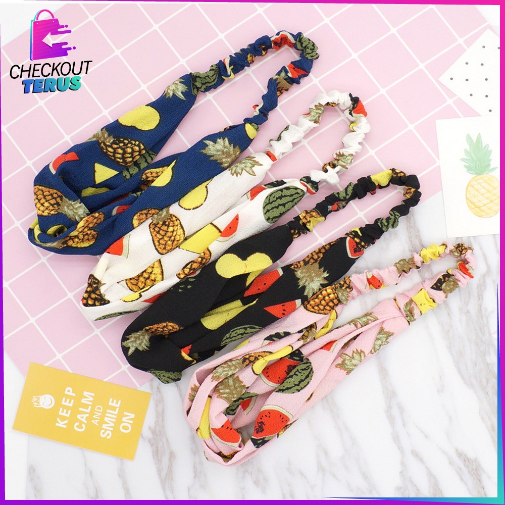 CT C64 Bando Wanita Korean Style Model Turban Karet Bahan Kain Motif Buah Bandana Simpul Kekinian Import