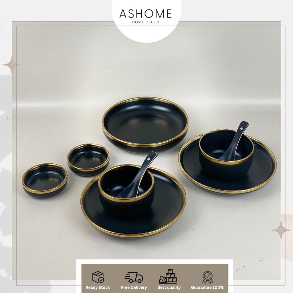 ASHOME Piring Set 2 Orang Piring Makan Set Keramik Black Gold Isi 9 Pcs / Piring Set Keramik List Em