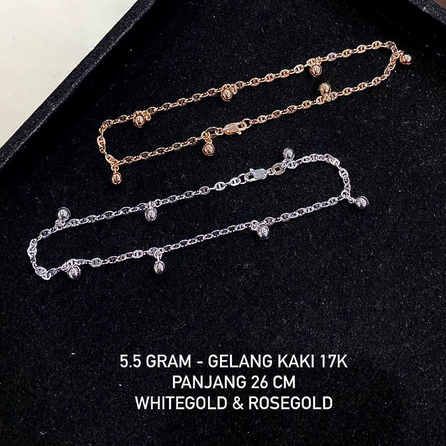 Gelang kaki anak dan dewasa emas asli kadar 750 75 17k casteli rosegold whitegold rantai putih lonceng branded CD 5 gram