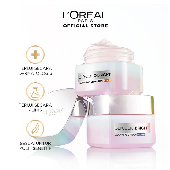 L'Oreal Paris Glycolic Bright Glowing Day Cream | Night Cream - 15ml - 50ml | Skincare Krim Glyco Loreal