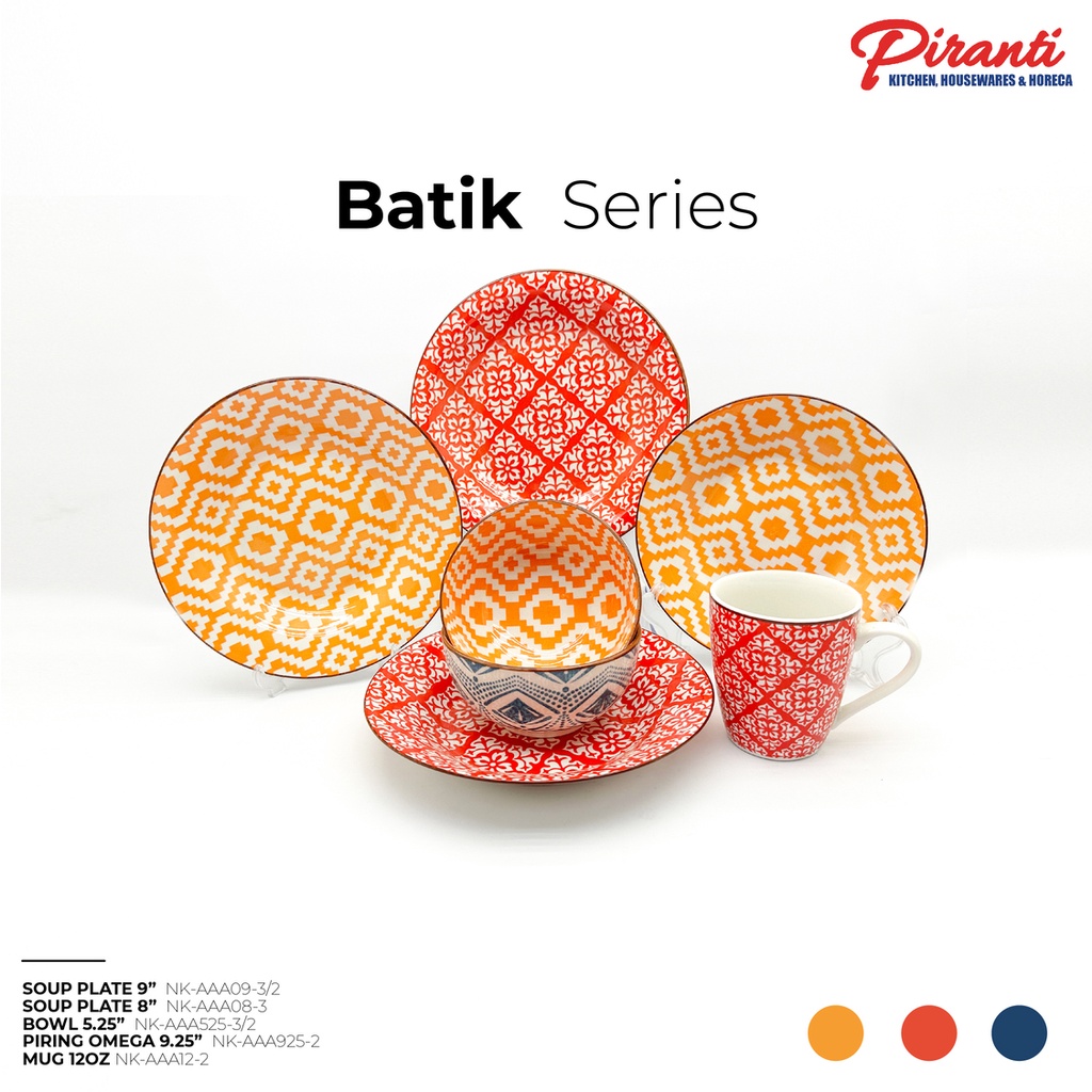 NAKAMI Peralatan Makan Batik Series - Set Piring Mangkok Gelas Keramik Warna Merah Orange Motif Bati