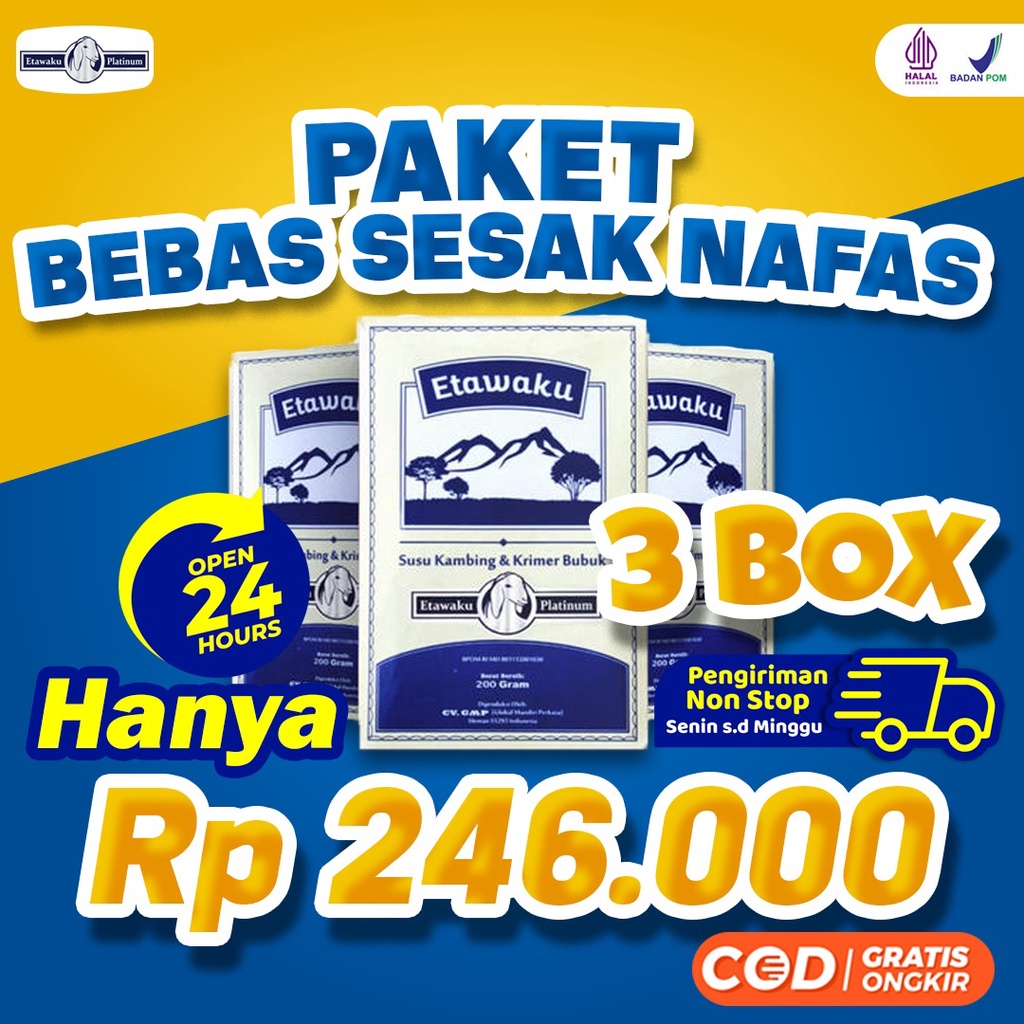 

Paket 3 Box Etawaku Platinum - Atasi Pernafasan dengan Susu Etawa, Susu Asma, Susu Batuk, Susu Tuberkulosis , Susu Nyeri Dada, Susu Sendi, Susu Asam Urat, Susu Kolesterol, Susu Pernapasan, Susu Pernafasan, Kebugaran dan Imunitas, Kepadatan Tulang
