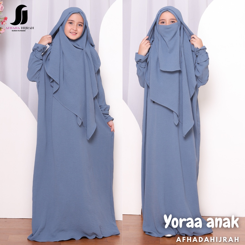 Afhadahijrah - Gamis anak perempuan set cadar Yoraa Hoodie crinkle airflow denim baju dan hijab inst