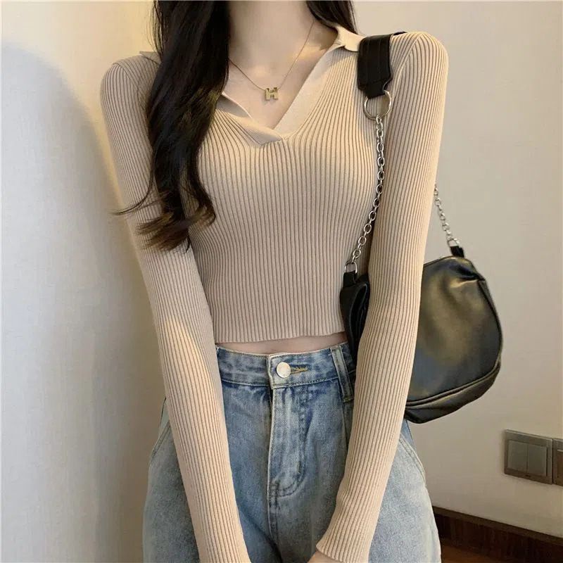 Poloshirt Knitwear D-99 Top Fashion Korean Crop Long Sleeve Polo Knit Top/Atasan Rajut Wanita Atasan Rajut Import Wanita/ Atasan Crop Baju Polo Korean Style Wanita