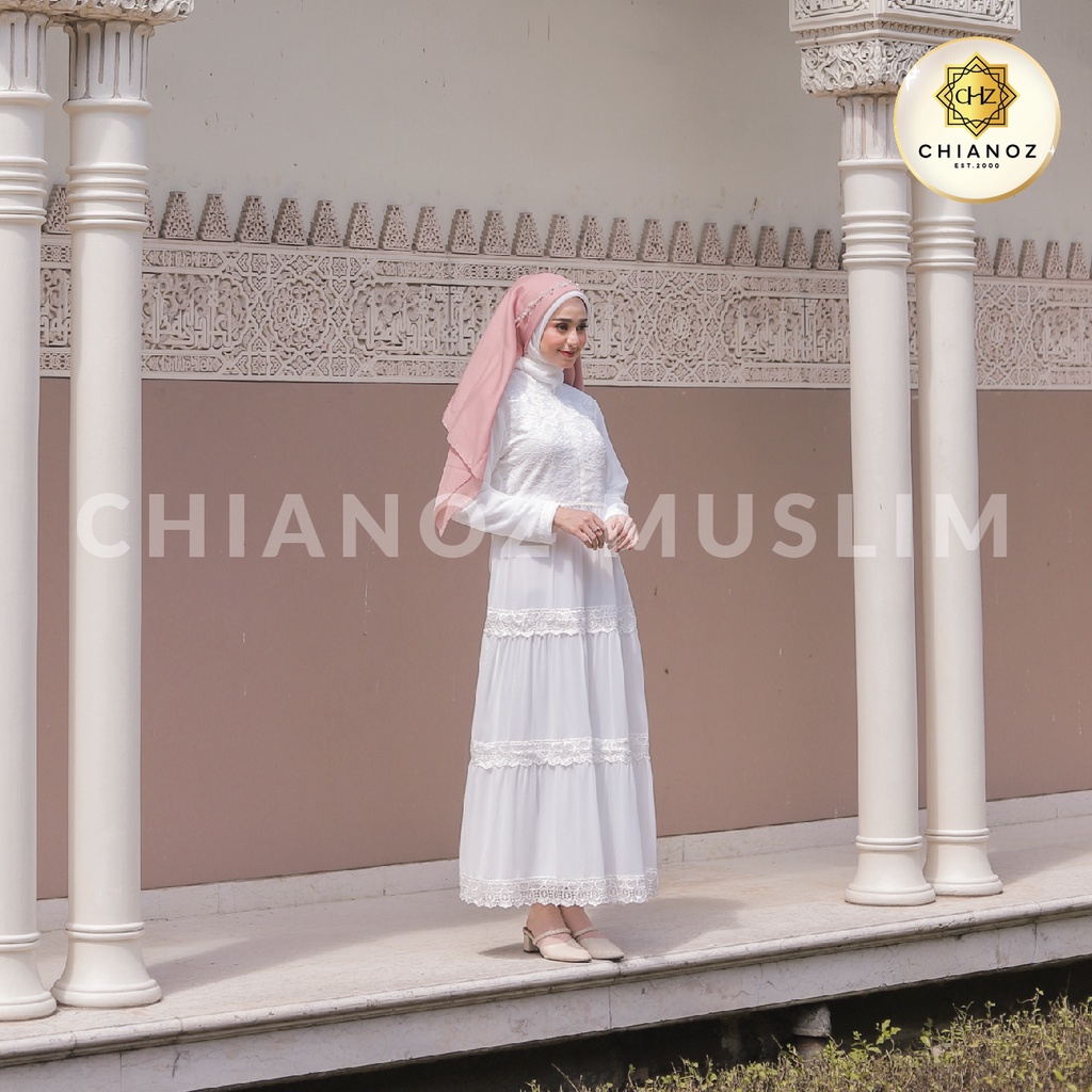 CHIANOZ Gamis Putih Mewah Amelia Dress Brukat Renda Baju Lebaran Umroh Haji Manasik Pesta Akad 220 504