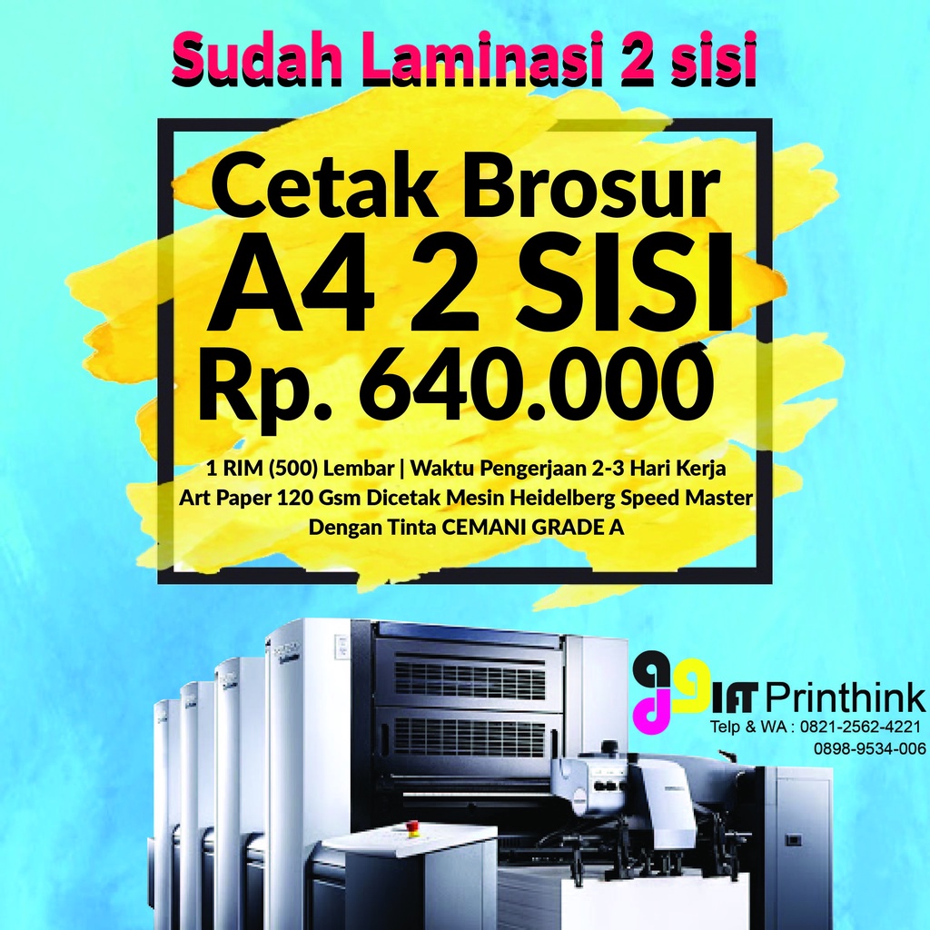 

Cetak Brosur A4 (2 Sisi) 1 rim / 500 lbr, Art Paper 150 Sudah Laminasi