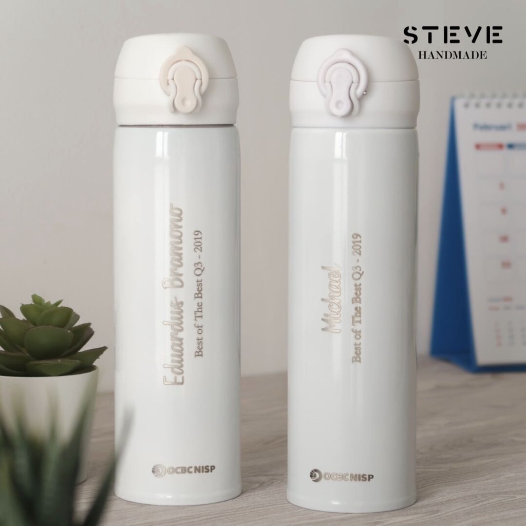 Tumbler Botol Minum Vacuum Flask TM0308 White Stainless Steel Custom Grafir Nama Logo