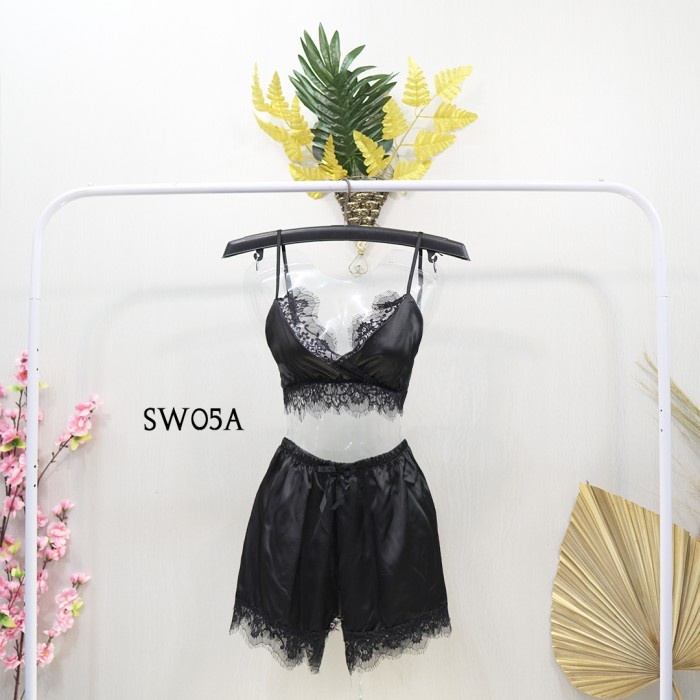 BAJU TIDUR SEXY BIKINI PIYAMA LINGERIE SEXY WANITA SATIN HITAM SW05A BEST SELLER !!