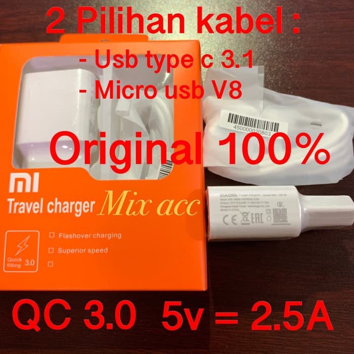 CHARGER XIAOMI ORIGINAL FAST CHARGING QC 3.0 5V 2.5A / 9V 2A FAST 18W