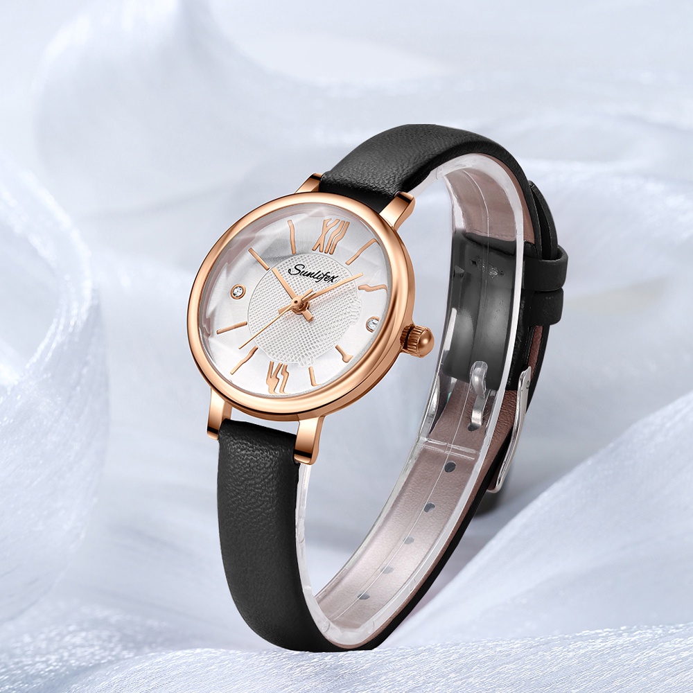 SUNLIFEX Jam Tangan Wanita Original Round Simple Dial Display Jam Tangan Wanta Analog Anti Air Kuarsa Tali Kulit Jam Tangan Cewek