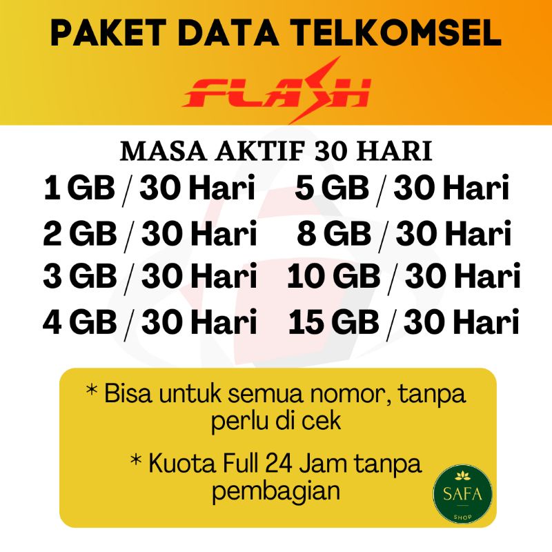 Paket data Telkomsel Flash Termurah 1GB 2GB 3GB 4GB 5GB 6GB 8GB 10GB 15GB- Kuota bulanan 30hari 28 h