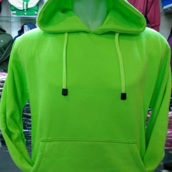 JAKET SWEATER HOODIE PRIA WANITA HIJAU NEON POLOS - Hijau Neon, M Berkualitas V7G7