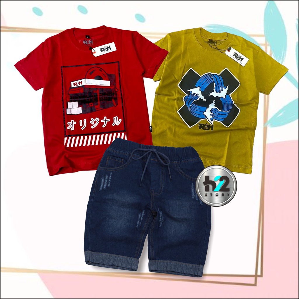 Paket Cakep Setelan Kaos Anak Celana Pendek Jeans Setelan Baju Dan Celana Pendek Anak Laki-Laki Usia 3-12Tahun By H22Story