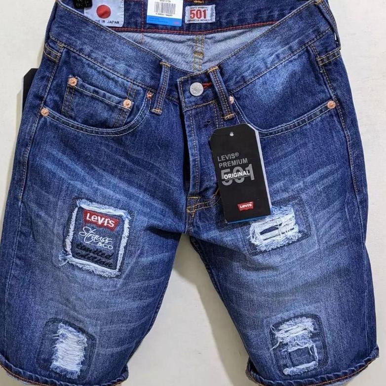 BEST SELLER celana pendek jeans 501 pria motif sobek bordil terbaru