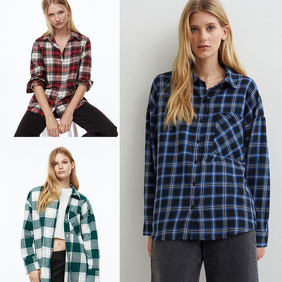 [shp] H&M 201 BF Flannel Shirt - Baju Atasan Kemeja Kotak Kotak Lengan Panjang Wanita Branded Origin