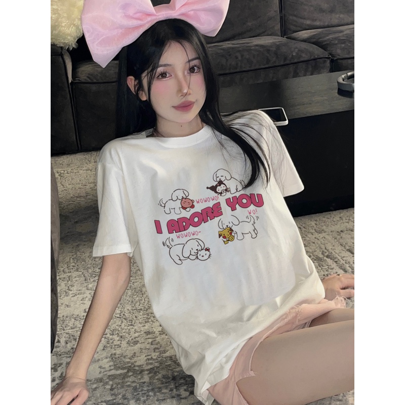 EUNII T-shirt Lengan Pendek Cartoon Pink Dog Korean Style/Kaos Atasan Wanita/Baju Kaus Oversize Wanita/Kaos Wanita